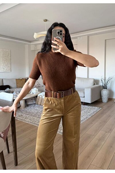 Tavie Kısa kollu bisiklet yaka triko bluz-Kahverengi - STD