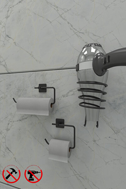 vixena Banyo Aksesuar Seti 3lü Yapışkanlı Siyah Solo Peçetelik Tuvalet Kağıtl...