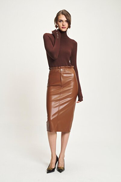 Lijuri Gathered Waist Slit Detailed Leather Midi Skirt 4073 R3-J-K1