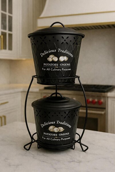 Feronyahome & Garden Lüks 2 Katlı Metal Patates&Soğan Saklama Standı–Havaland...