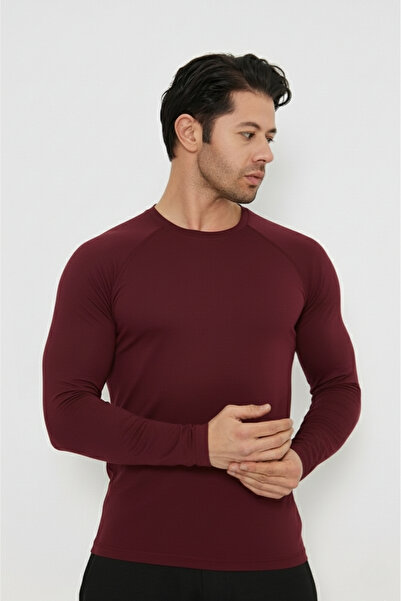 WUCHT Men's Burgundy Long Sleeve Compression T-Shirt Slim Fit Sports Fitness Gym