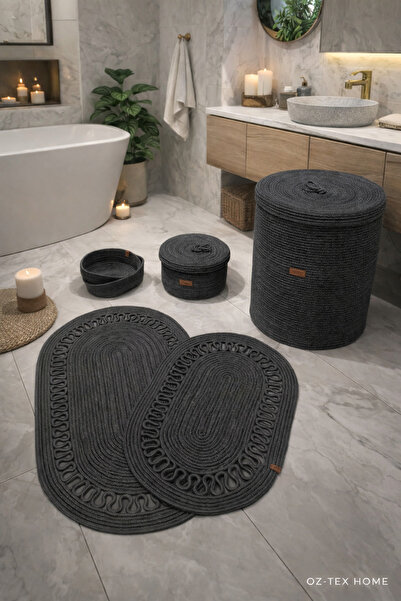 Öz-Tex Home طقم حمام جوت ويكر، سلة غسيل 40×45، سجادة حمام، سلة مكياج، سلة متس...