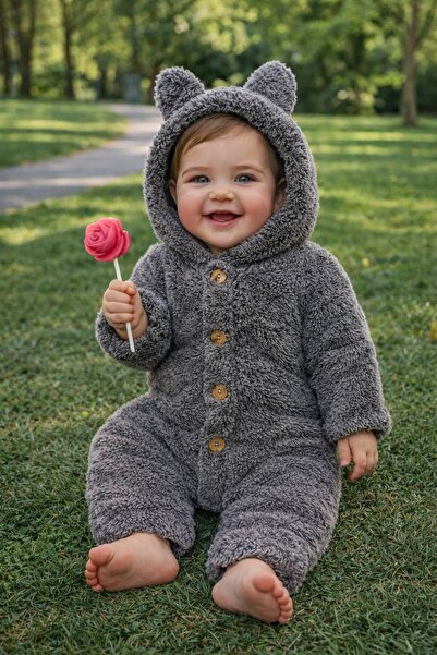 EFTAL Kız Bebek Peluş Ayıcıklı Kapüşonlu Tulum – Yumuşak Dokulu, Sıcak Tutan