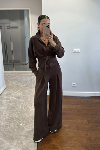 Moderk طقم ملابس من قماش المودال - سترة علوية مع حزام وبنطلون واسع الساق، طقم...