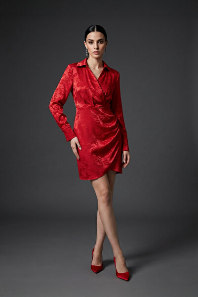 zaden Kadın Kırmızı Desenli Kruvaze Yaka Mini Elbise