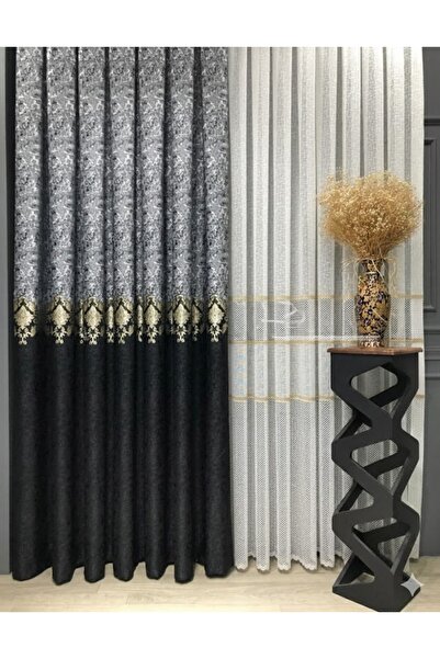 Perdenin Adresi Saray Serisi Gold Damask Nakışlı Fon Perde - Siyah Gri Fon Pe...