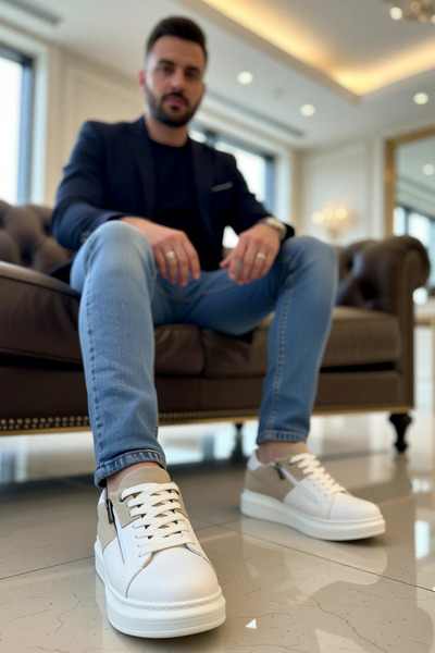 BENERLY Men's Lace-Up Zippered Leather Sneaker Standard Fit Functional Durabl...