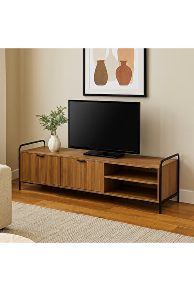 Palma homez طاولة تلفزيون خشبية بقاعدة معدنية - بني وأسود - 160 سم
