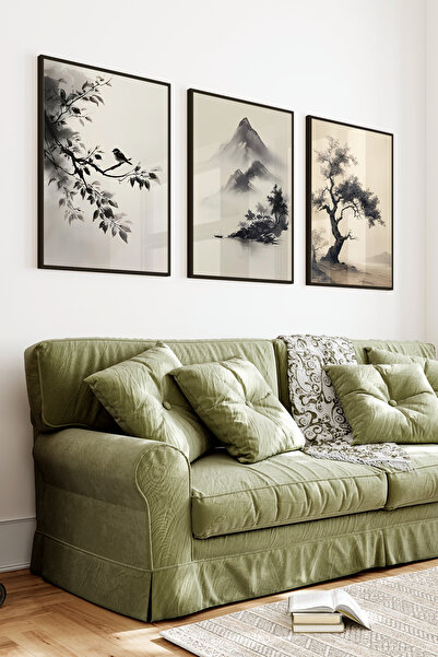 kutuTR Siyah Çerçeveli 2D UV Baskı 3’lü MDF Tablo Set – Doğa, Ağaç ve Dağ Man...