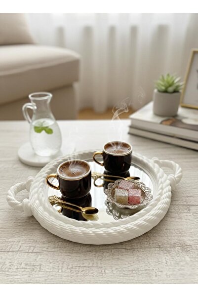 Aktaş Print & Design Beyaz Örgü Detaylı Yuvarlak Sunum Tepsisi | Kahve & İkra...