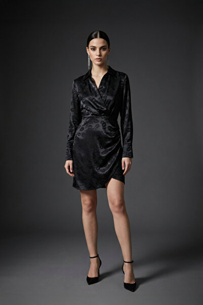 zaden Kadın Siyah Desenli Kruvaze Yaka Mini Elbise