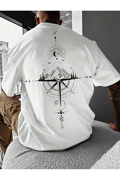 HerTarzınTrendi Unisex Daily Compass and Mountain Printed Oversized T-Shirt -...