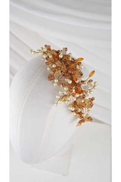 Buketlife kahverengi turuncu krem taşlı gelintacı