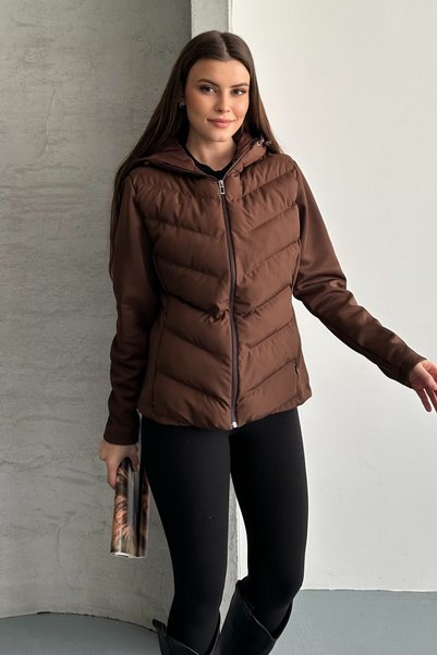 moda armanc Kadın Kahverengi Kapüşonlu Termal Şişme Mont - Yeni Sezon Range Rover Mom ZR Stil Mont