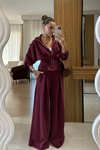 Moderk طقم ملابس من قماش المودال - سترة علوية مع حزام وبنطلون واسع الساق