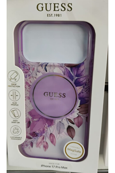 MageSafe Guess clear hard protective case with a purple floral pattern