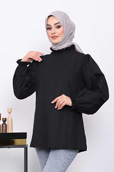 İmajButik Black Collar Sleeve Ruffle Tunic