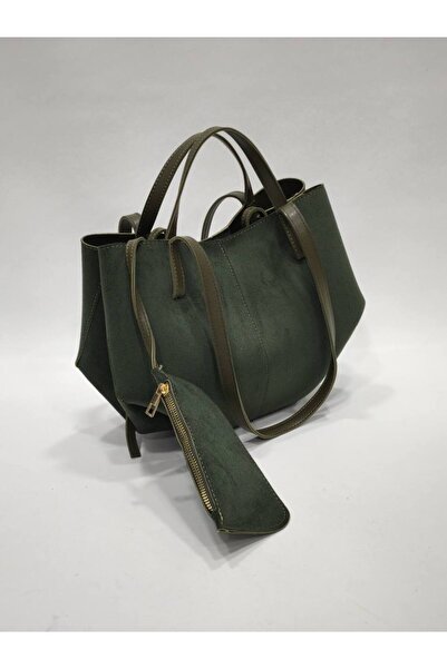 AYSAMOOD Süet Yumuşak Süet Görünümlü Büyük Tote Çanta | Ek Cüzdanlı Maxi Boy