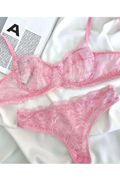 Butik Pembe Kirpikli Dantel Balenli Sütyen Külot Takımı