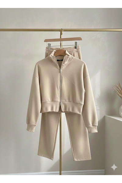 LADY SHOPPING Bej Fitilli Fermuarlı Eşofman Takımı - Palazzo Paça & Şardonlu