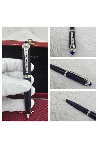 Pen A navy blue pen with embossed patterns and silver details, with a red case, and a luxurious finish.