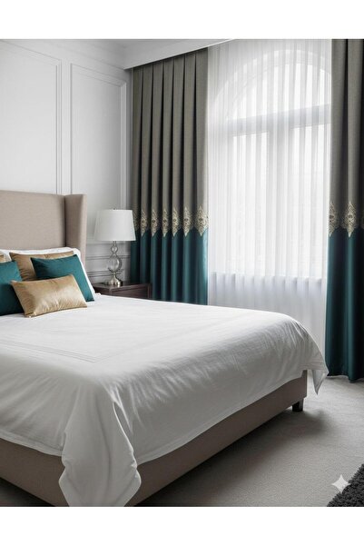 Perdenin Adresi Bej Petrol Yeşili Gold Nakışlı Geçişli Jakar Salon Fon Perdes...