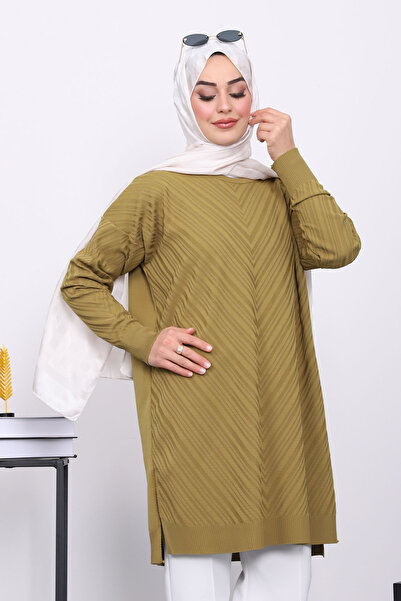 İmajButik Oil Green Cold Thread Mercerized Knitwear Tunic