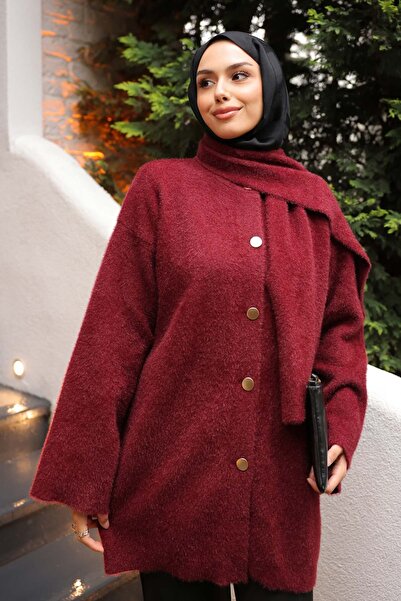 İmajButik Angora Soft Knit Cardigan with Burgundy Scarf Detail