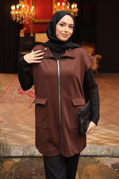 İmajButik Brown Scuba Vest with Elastic Cuffs and Waistband with Pockets
