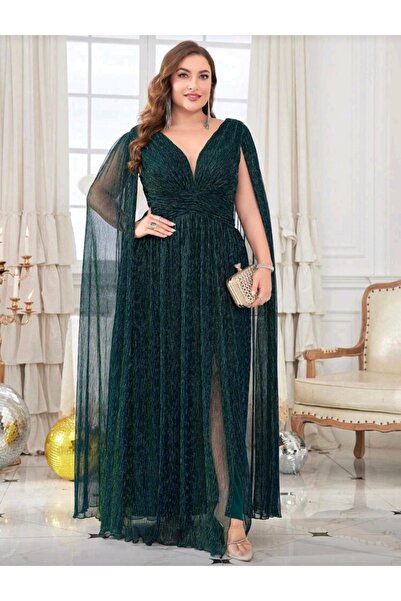 RANO-BOUTİQUE فستان بكسرات وأكمام مميزة وياقة حرف v مناسب لحفلات الزفاف والتخرج