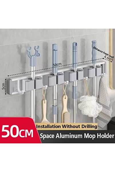 Choice3 حامل ممسحة ومكنسة جداري فضي اللون، مزود بأربعة مشابك وخمسة خطافات، حامل ممسحة قوي ذاتي اللصق