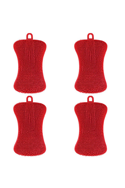 choice2 4 قطع فرشاة غسيل أطباق سيليكون حمراء، ربع قطعة، إسفنجة تنظيف الأواني والمقالي، وسادة تنظيف سيليكون، وعاء فواكه