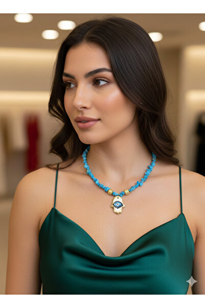 İki Cadı Tasarım Evil Eye Design Necklace with Object Detail, Beads and Natural Stones, Stainless Steel Chain Link Design