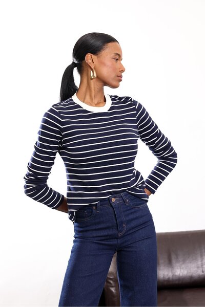 5in1Canpolat Navy Blue Crew Neck Tok Fabric Long Sleeve T-Shirt 6001