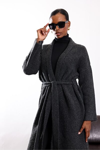 5in1Canpolat Anthracite Shawl Collar Belted Knitwear Cardigan 5134