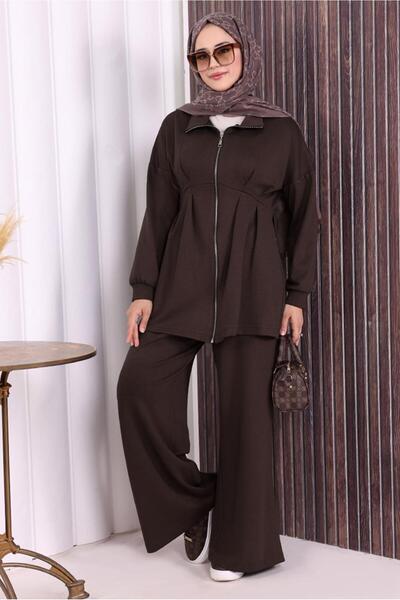 TRENDTESETTÜR KADIN KAHVE PANTOLONLU FERMUARLI TAKIM T 8506