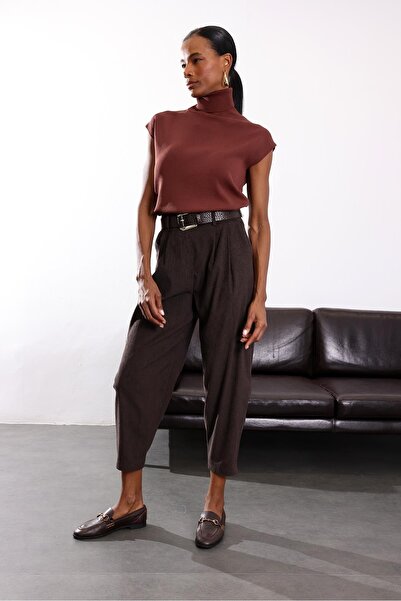 5in1Canpolat Brown Velvet Belted Barrel Pants 2081
