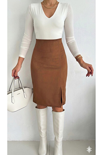 YUSUF CAN KARATAŞ KARATAŞ GİYİM FUSTE DE DAME DE CULOARE TABA DIN TAPET DE PIELE DE CĂPĂTĂ CU FĂRĂ DEȚĂRĂTĂLĂ, LUNGIME 65 CM