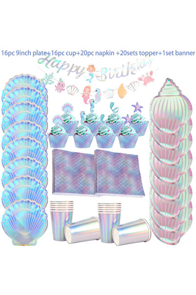 Choice4 مجموعة من 73 قطعة لتزيين حفلات حورية البحر، تتضمن أطباقًا وأكوابًا وم...