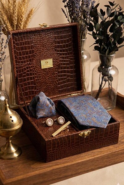 Kravatkolik Brown Men's Gift Box - Tie with Handkerchief Cufflinks Tie Clip K...