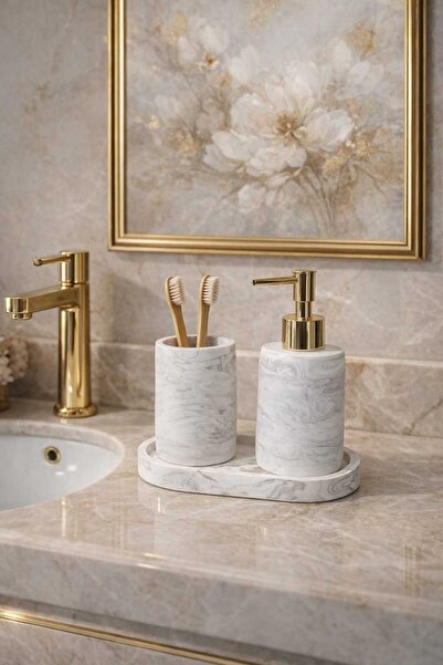 avake home 3 Parça Mermer Desenli Beton Banyo Seti Sıvı Sabunluk Diş Fırçalık...
