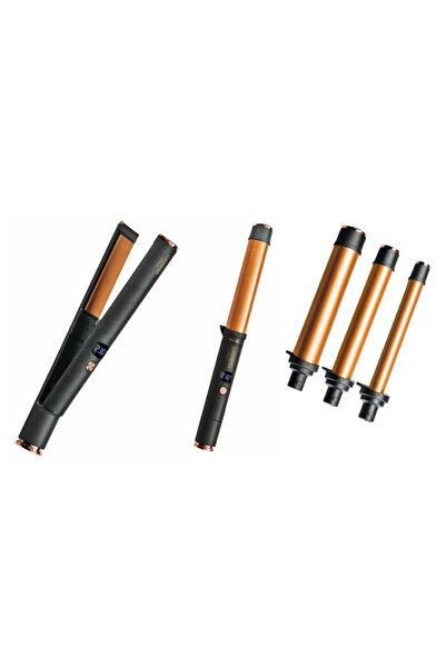 Carrera Set placă de îndreptat părul și ondulator Classic 21291112, 40/55W, 6 temperaturi, 3 conuri, LED, negru/maro