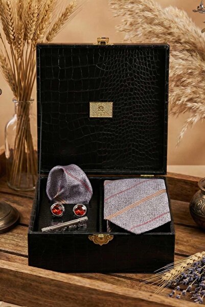 Kravatkolik Black Men's Gift Box - Tie with Handkerchief Cufflinks Tie Clip Kmk86