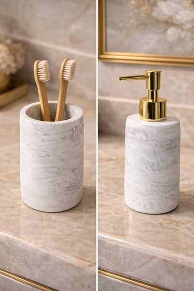 Generic Brand 3 Piece Marble Patterned Concrete Bathroom Set Liquid Soap Dispenser Toothbrush Holder Presentation Tray