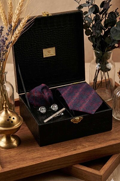 Kravatkolik صندوق هدايا للرجال باللون الأسود - ربطة عنق مع منديل وأزرار أكمام ومشبك ربطة عنق KMK104