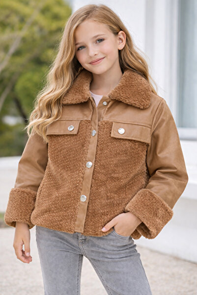 Gonca Bebe GONCA 385-12-25 Kız Çocuk Önü Düğmeli Taşlı Kürk Detaylı Deri Görü...