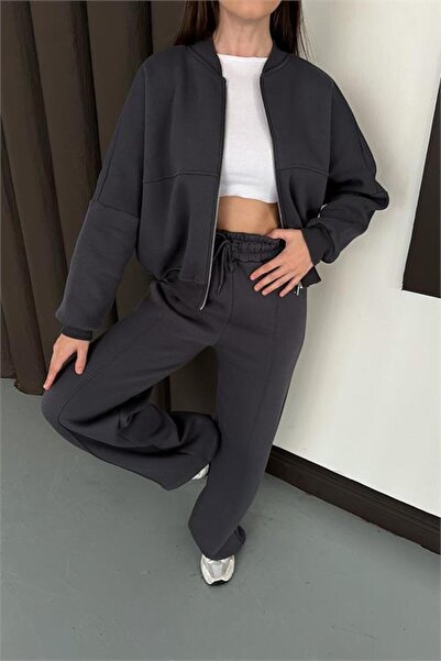 Neşeli Butik Set de trening pentru femei, antracit, cu fermoar, cu 3 fire, NBESF01