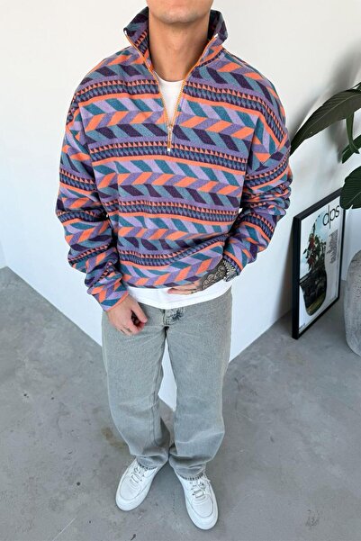 HAFKAGİYİM Renkli Etnik Desenli Yarım Fermuarlı Polar Sweatshirt