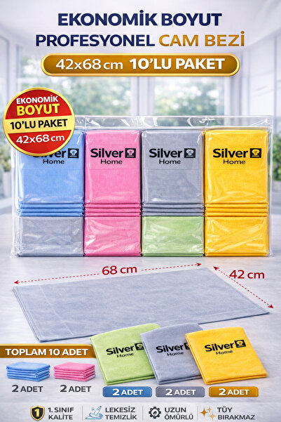 SİLVER HOME Mikrofiber Cam Temizlik Bezi 10’Lu Set, İz Ve Leke Bırakmaz, 42x6...