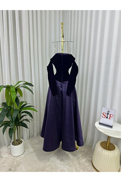 NIVIN Fashion فستان ناعم فخم بلون بنفسجي داكن موحد.